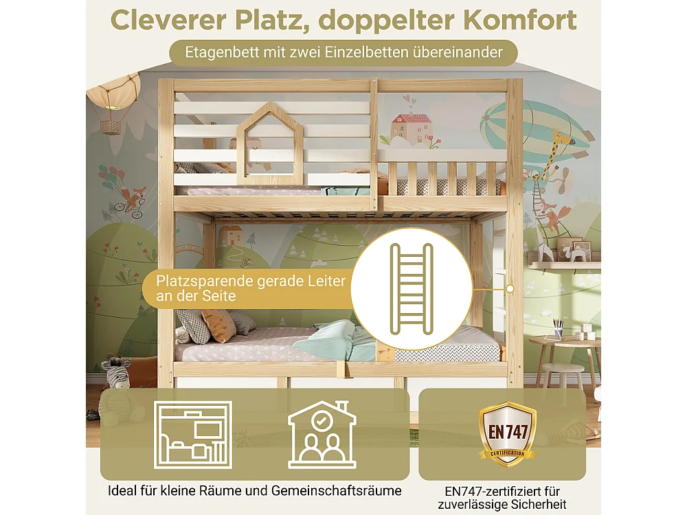 Litera infantil 90x200 cm estilo cabaña de madera blanco/roble con almacenamiento hidráulico, barandilla de seguridad y escalera recta, sin colchón
