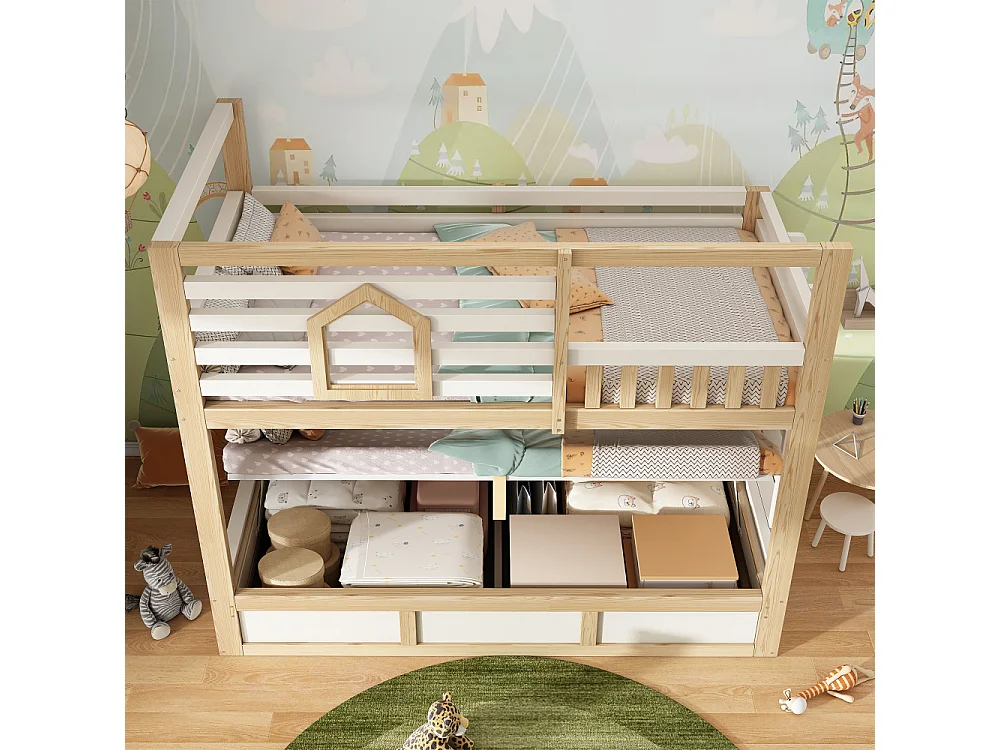 Litera infantil 90x200 cm estilo cabaña de madera blanco/roble con almacenamiento hidráulico, barandilla de seguridad y escalera recta, sin colchón