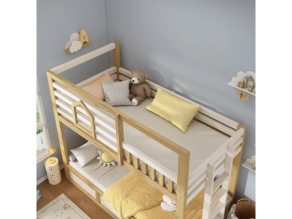 Litera infantil 90x200 cm estilo cabaña de madera blanco/roble con almacenamiento hidráulico, barandilla de seguridad y escalera recta, sin colchón