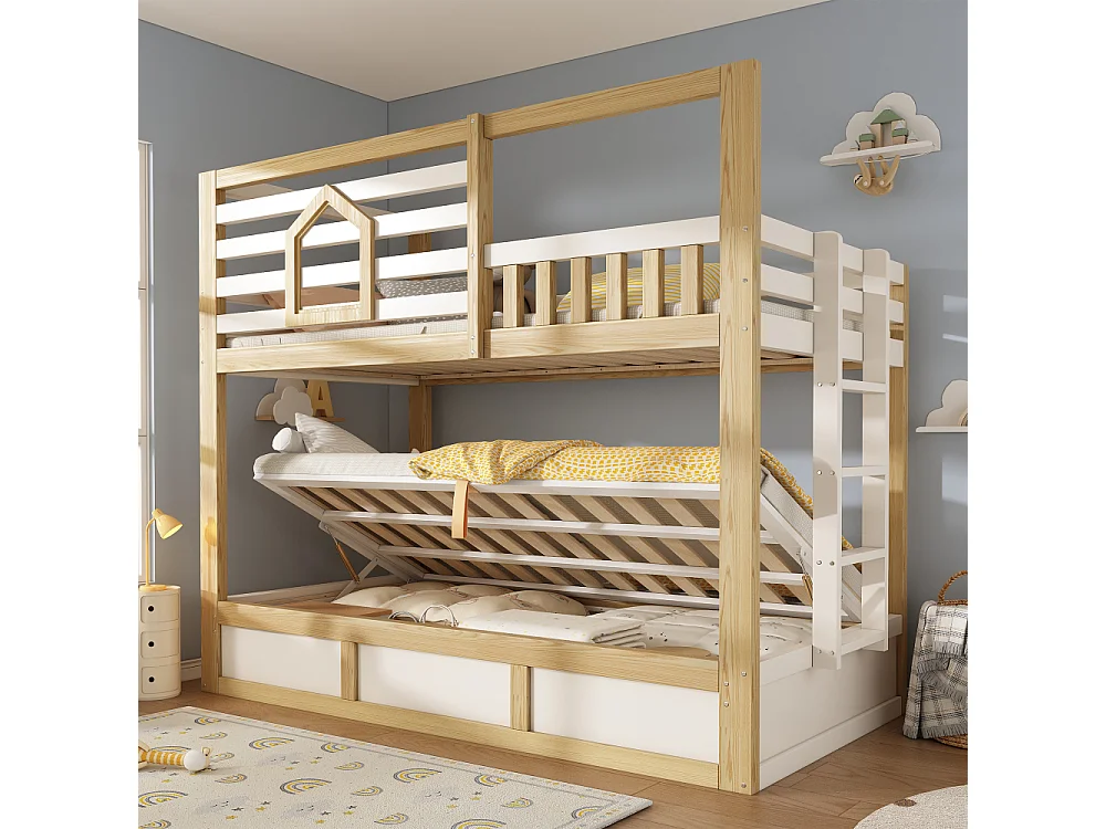 Litera infantil 90x200 cm estilo cabaña de madera blanco/roble con almacenamiento hidráulico, barandilla de seguridad y escalera recta, sin colchón