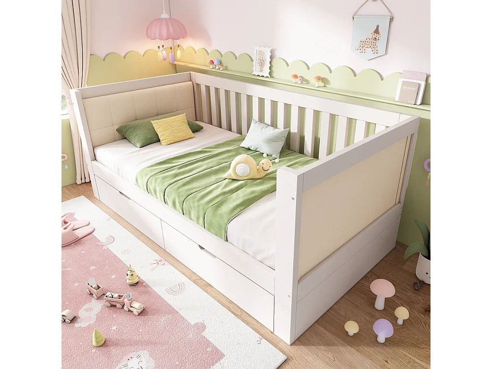 Canapé-lit 90x190 cm blanc en bois massif avec 2 tiroirs – banquette-lit gain de place élégante