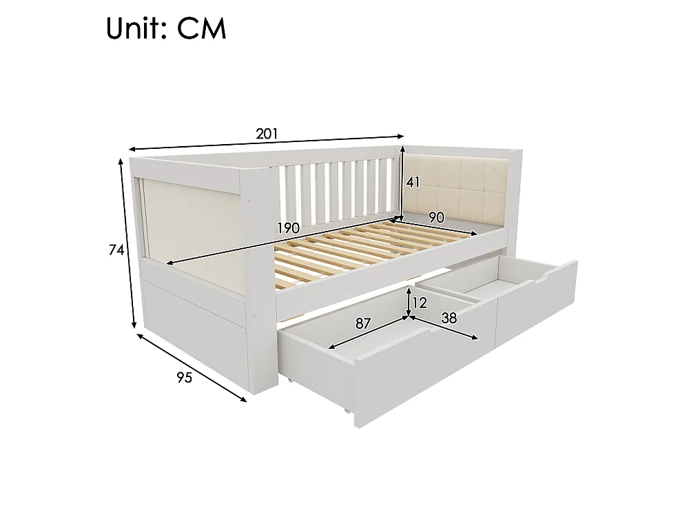 Canapé-lit 90x190 cm blanc en bois massif avec 2 tiroirs – banquette-lit gain de place élégante