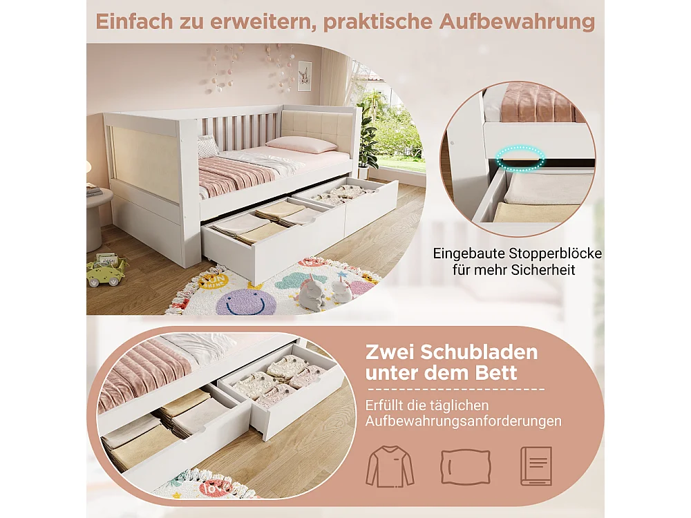 Canapé-lit 90x190 cm blanc en bois massif avec 2 tiroirs – banquette-lit gain de place élégante