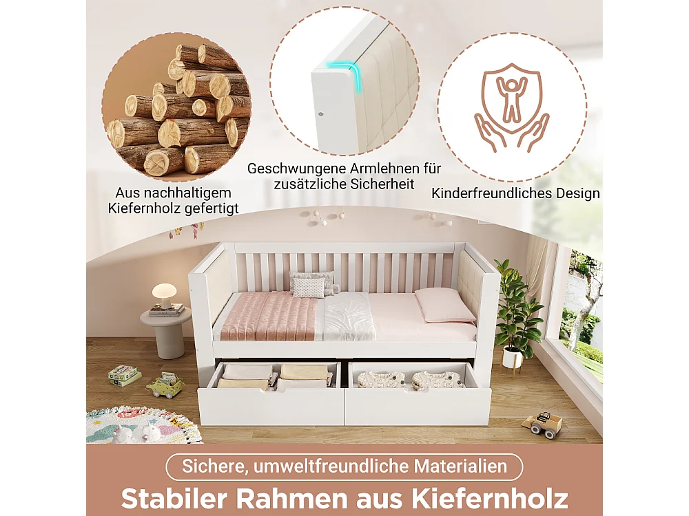 Canapé-lit 90x190 cm blanc en bois massif avec 2 tiroirs – banquette-lit gain de place élégante