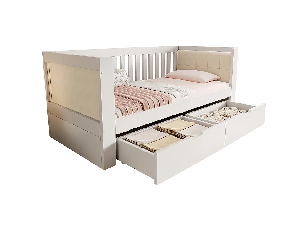Canapé-lit 90x190 cm blanc en bois massif avec 2 tiroirs – banquette-lit gain de place élégante