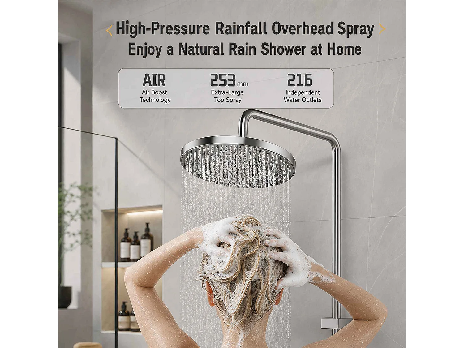 Ensemble de douche 253mm avec pommeau de pluie haute pression,tablette de rangement en aluminium,douchette multifonctionnelle et sortie cascade cachée