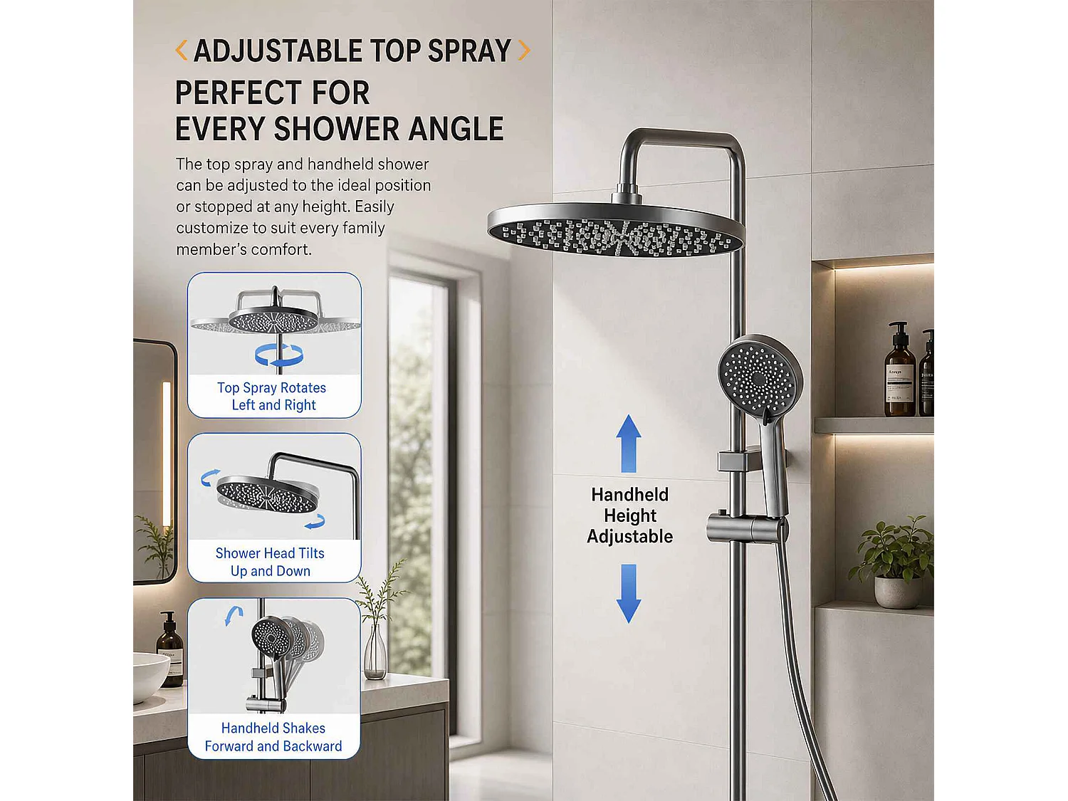 Ensemble de douche 253mm avec pommeau de pluie haute pression,tablette de rangement en aluminium,douchette multifonctionnelle et sortie cascade cachée