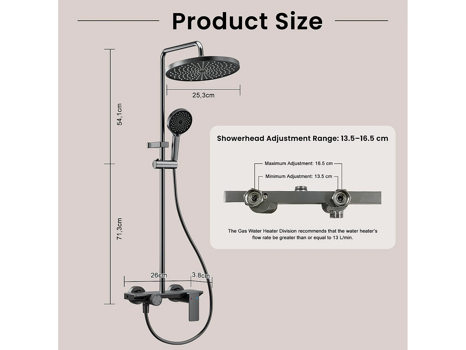 Ensemble de douche 253mm avec pommeau de pluie haute pression,tablette de rangement en aluminium,douchette multifonctionnelle et sortie cascade cachée