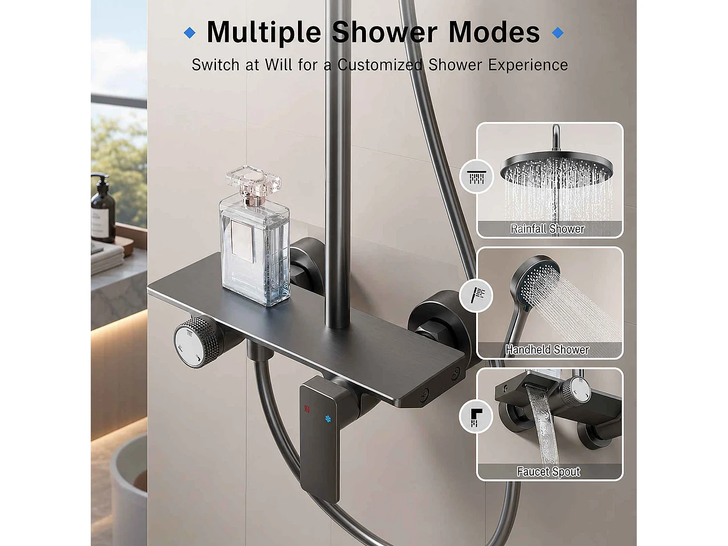 Ensemble de douche 253mm avec pommeau de pluie haute pression,tablette de rangement en aluminium,douchette multifonctionnelle et sortie cascade cachée