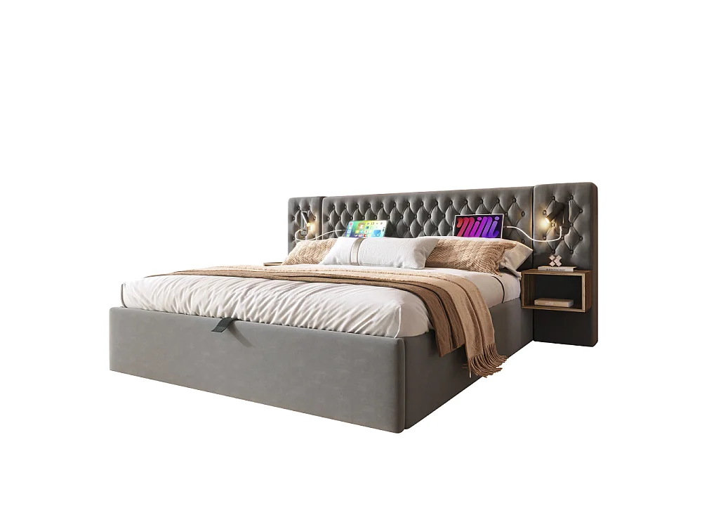 Ensemble complet pour chambre 160x200 – lit capitonné hydraulique en velours vintage avec LED USB-C, tables de chevet et matelas inclus