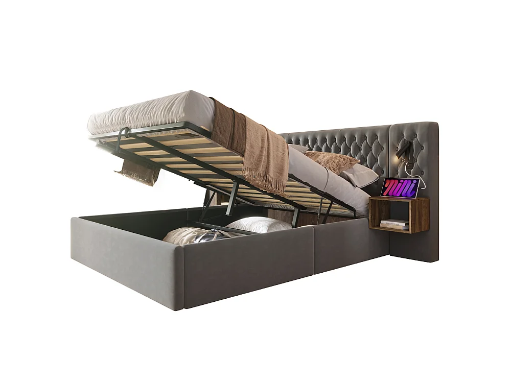 Ensemble complet pour chambre 160x200 – lit capitonné hydraulique en velours vintage avec LED USB-C, tables de chevet et matelas inclus
