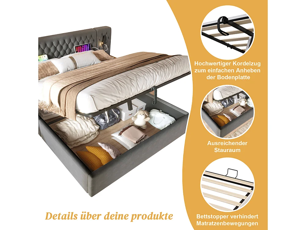 Ensemble complet pour chambre 160x200 – lit capitonné hydraulique en velours vintage avec LED USB-C, tables de chevet et matelas inclus