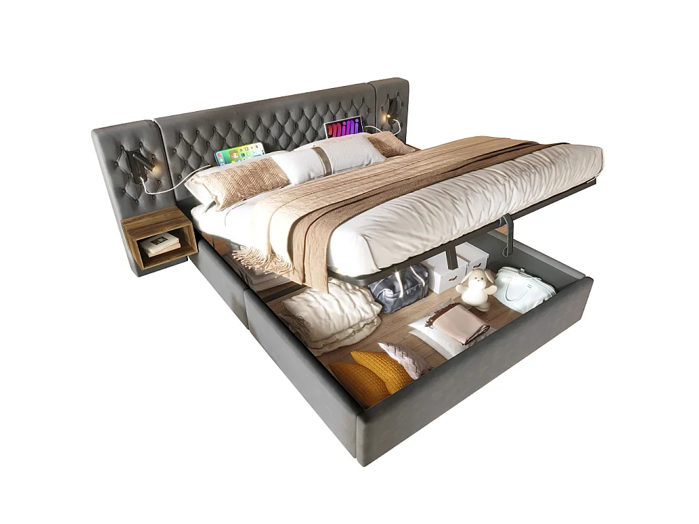 Ensemble complet pour chambre 160x200 – lit capitonné hydraulique en velours vintage avec LED USB-C, tables de chevet et matelas inclus