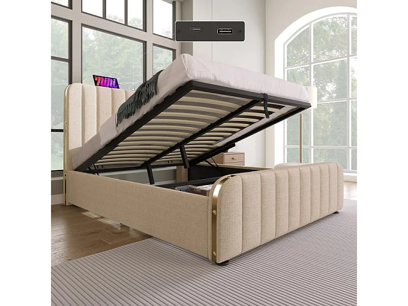 Cama baúl tapizada 140x200 cm beige lino USB-C cabecero dorado hidráulico metal 181kg diseño
