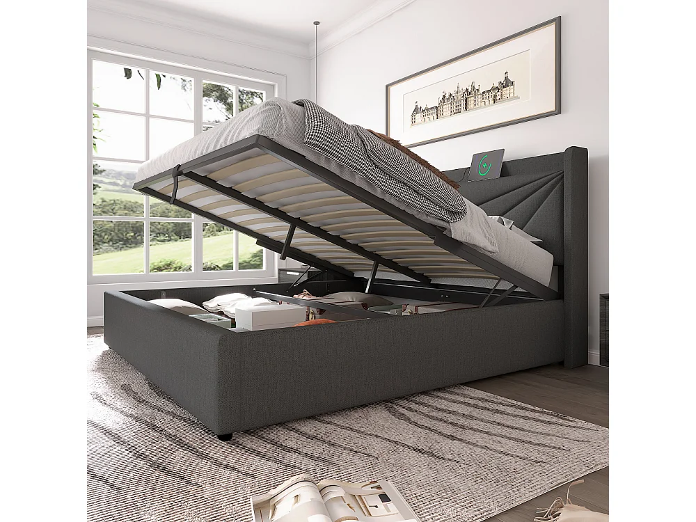 Tweepersoonsbed 160x200 cm met opbergdoos, USB Type-C en geometrisch hoofdeinde in moderne linnenstof