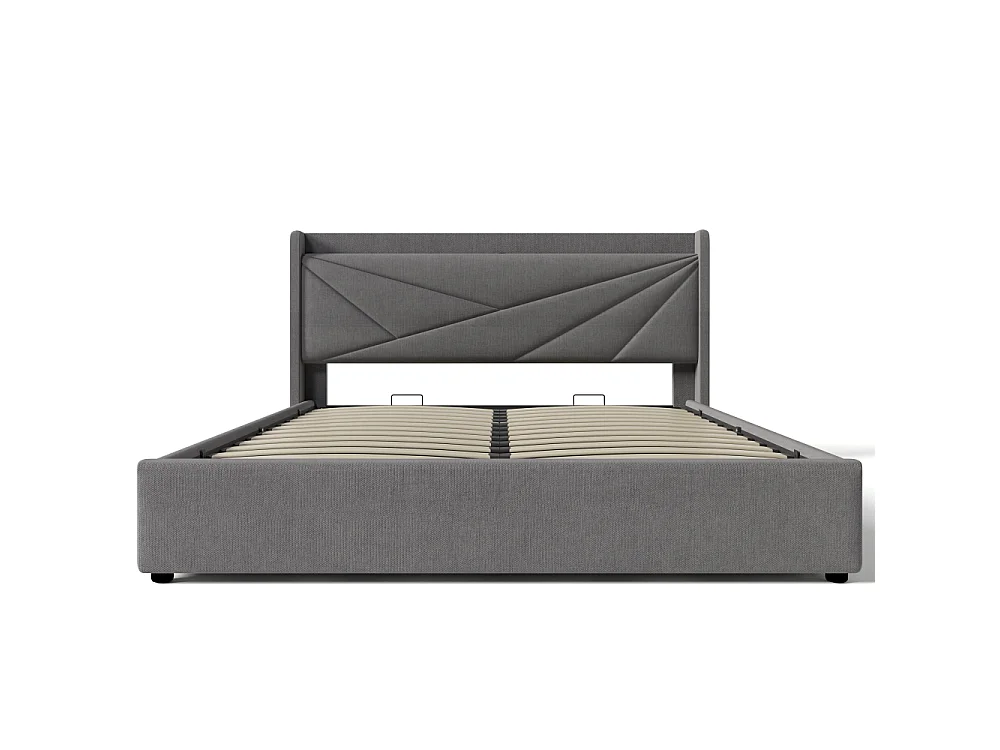 Tweepersoonsbed 160x200 cm met opbergdoos, USB Type-C en geometrisch hoofdeinde in moderne linnenstof