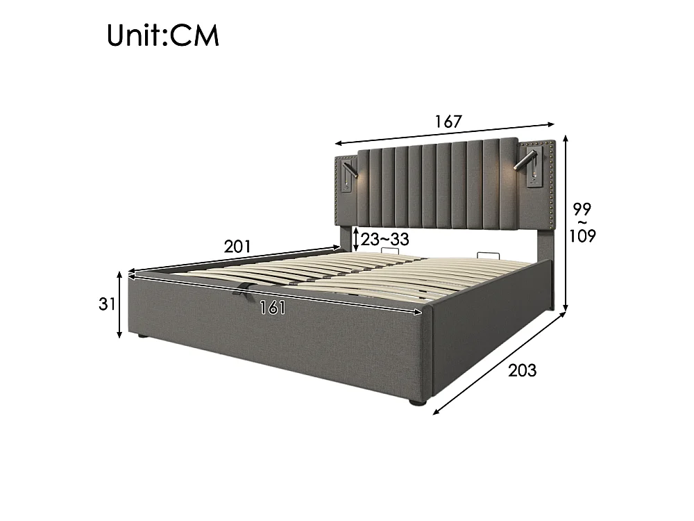 Gestoffeerd bed 160x200 met opbergruimte, LED, USB-C, hoofdeinde, 720 veren, katoen, vintage klinknagelontwerp, comfortabel tweepersoonsbed