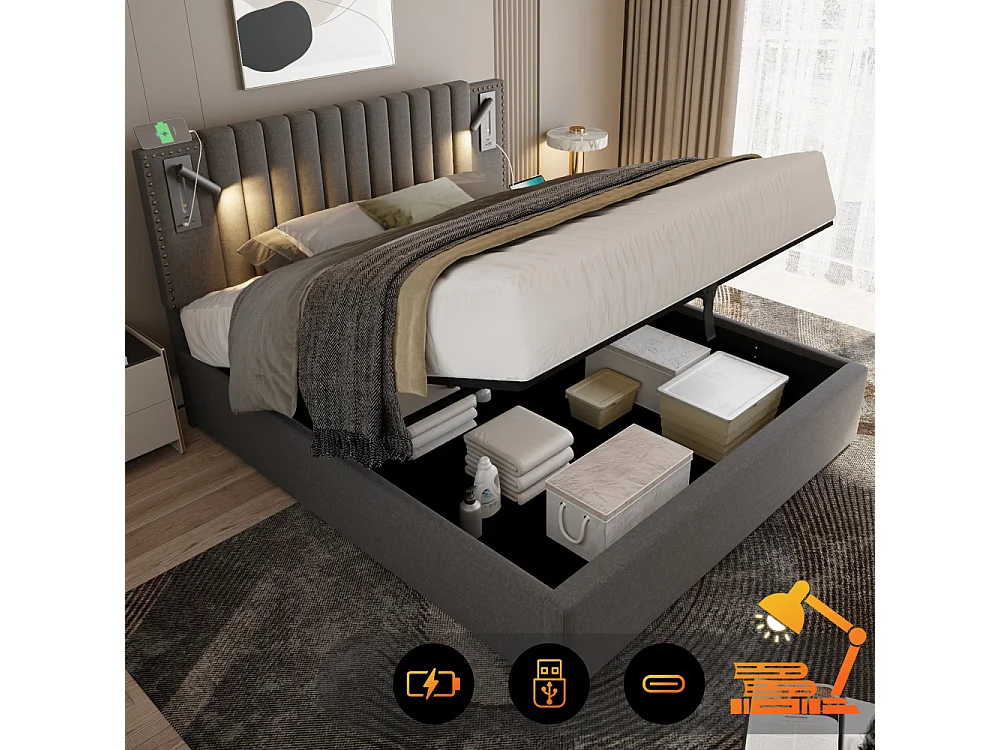 Gestoffeerd bed 160x200 met opbergruimte, LED, USB-C, hoofdeinde, 720 veren, katoen, vintage klinknagelontwerp, comfortabel tweepersoonsbed