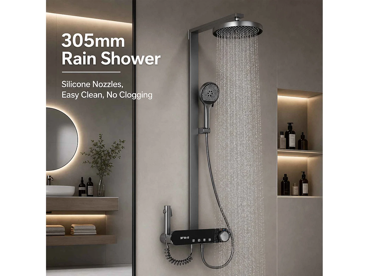 Douche cascade 305mm avec écran digital, 3 modes, finition aluminium anodisé et buses silicone