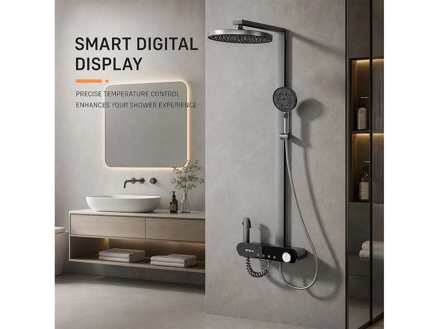 Douche cascade 305mm avec écran digital, 3 modes, finition aluminium anodisé et buses silicone