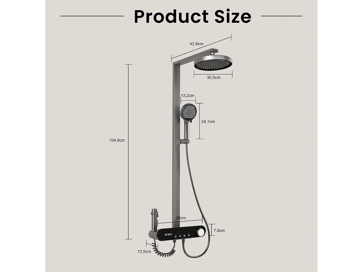 Douche cascade 305mm avec écran digital, 3 modes, finition aluminium anodisé et buses silicone