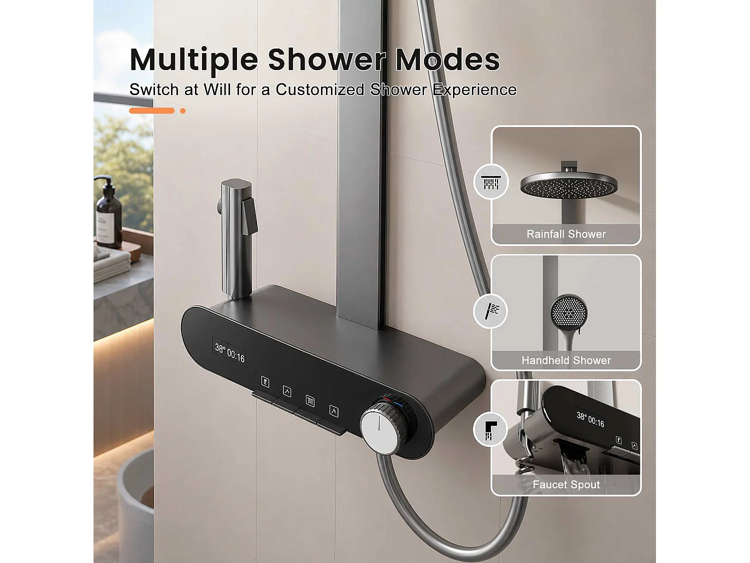 Douche cascade 305mm avec écran digital, 3 modes, finition aluminium anodisé et buses silicone