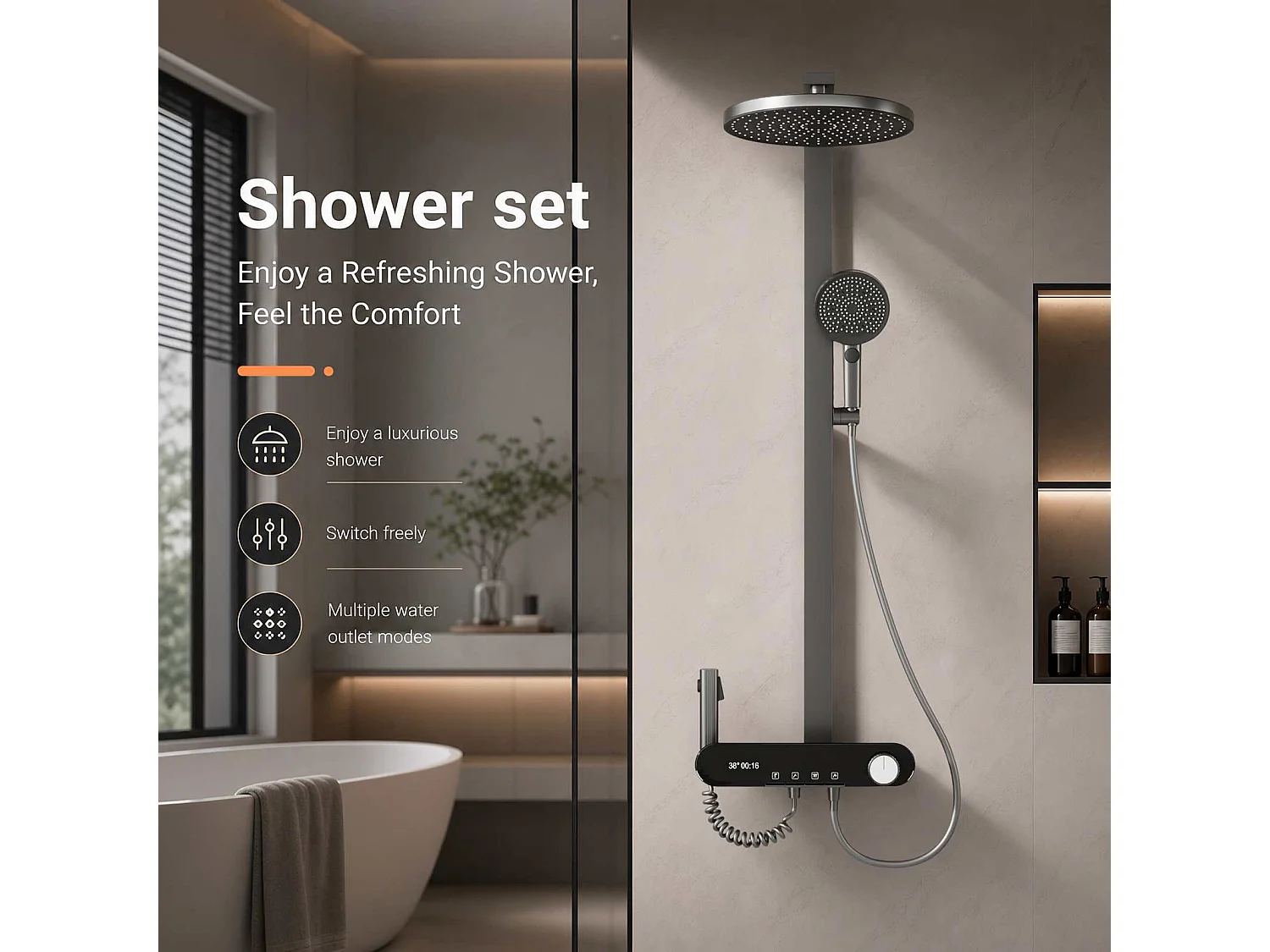 Douche cascade 305mm avec écran digital, 3 modes, finition aluminium anodisé et buses silicone