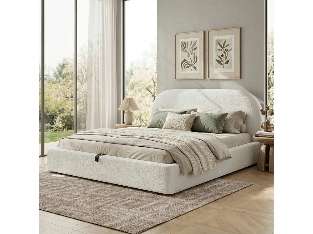 Letto matrimoniale 160×200 cm in bouclé beige con sollevamento idraulico, testiera imbottita, rete a doghe