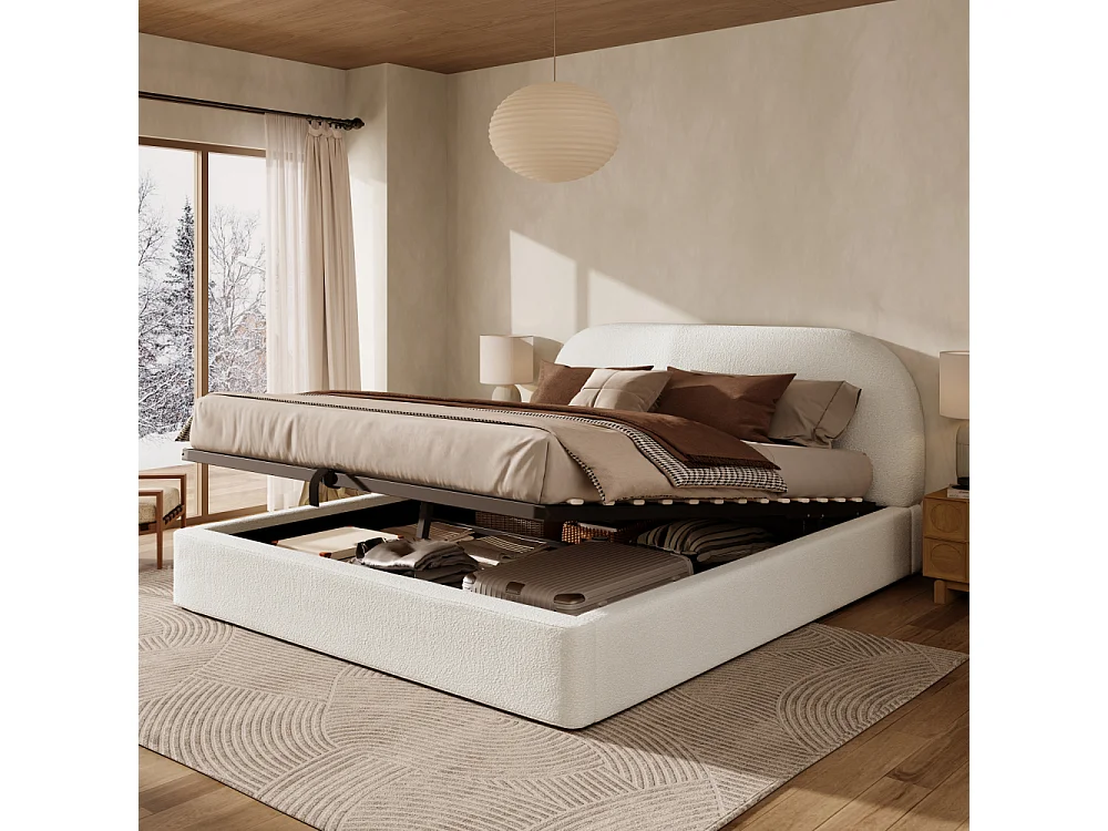 Letto matrimoniale 160×200 cm in bouclé beige con sollevamento idraulico, testiera imbottita, rete a doghe