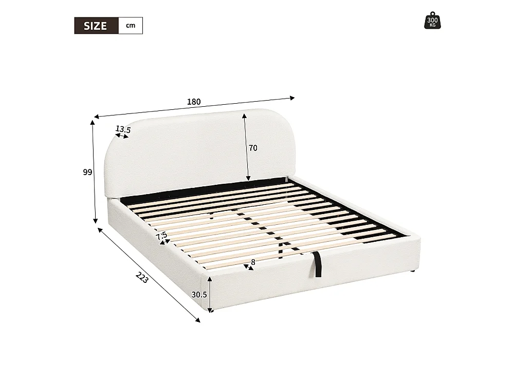 Letto matrimoniale 160×200 cm in bouclé beige con sollevamento idraulico, testiera imbottita, rete a doghe