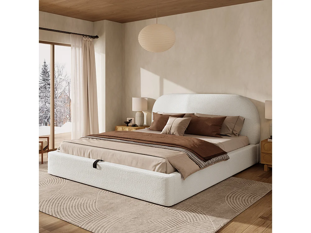 Letto matrimoniale 160×200 cm in bouclé beige con sollevamento idraulico, testiera imbottita, rete a doghe