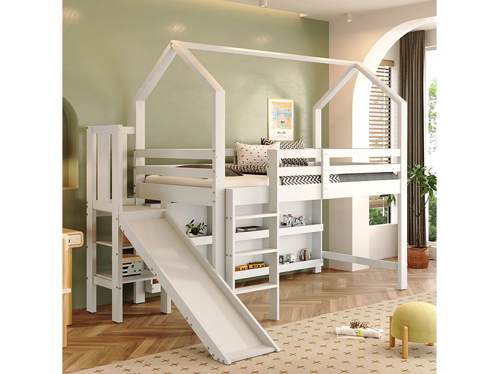 Kinderbed 90x200 cm met glijbaan, trap, opbergruimte, planken, ladekast en witte massief houten basis