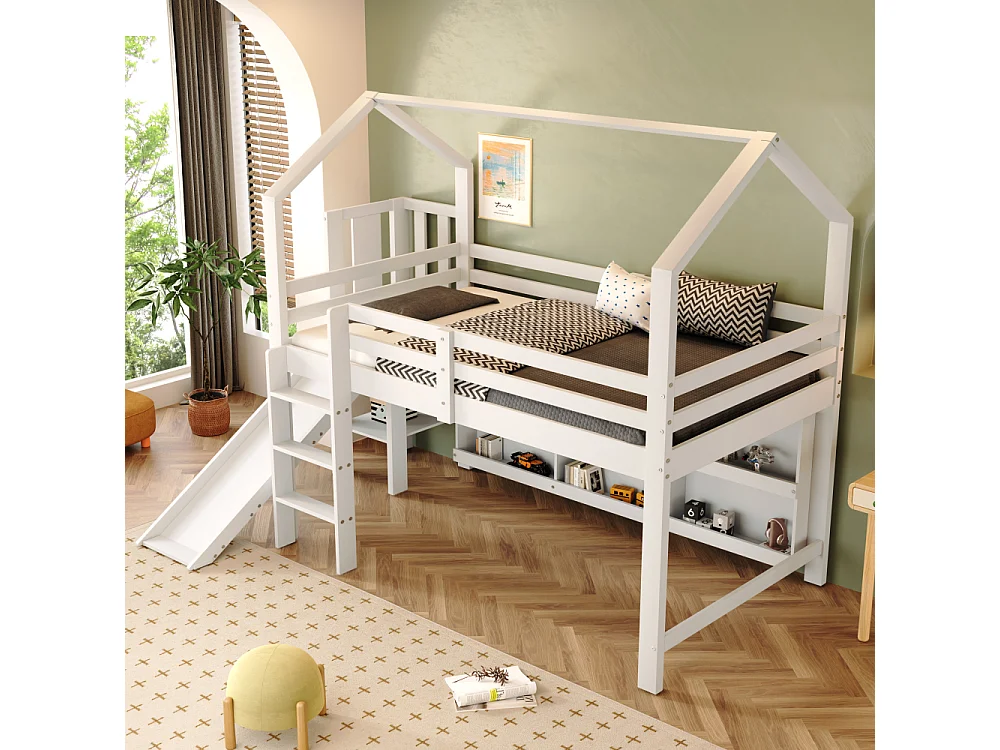Kinderbed 90x200 cm met glijbaan, trap, opbergruimte, planken, ladekast en witte massief houten basis