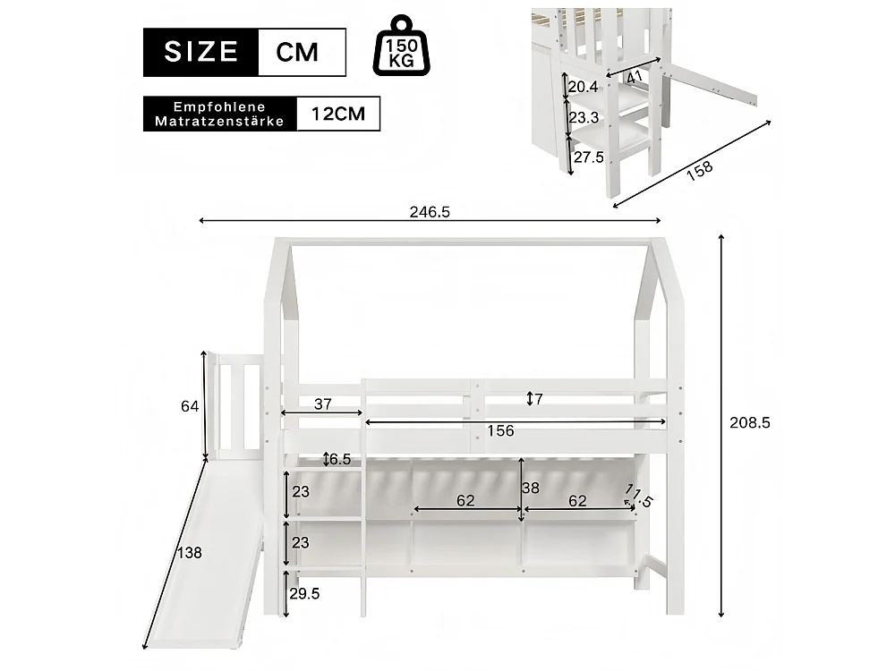 Kinderbed 90x200 cm met glijbaan, trap, opbergruimte, planken, ladekast en witte massief houten basis