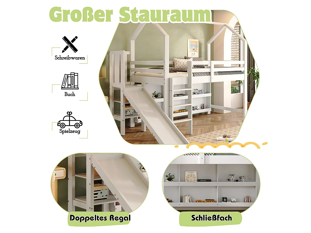 Kinderbed 90x200 cm met glijbaan, trap, opbergruimte, planken, ladekast en witte massief houten basis