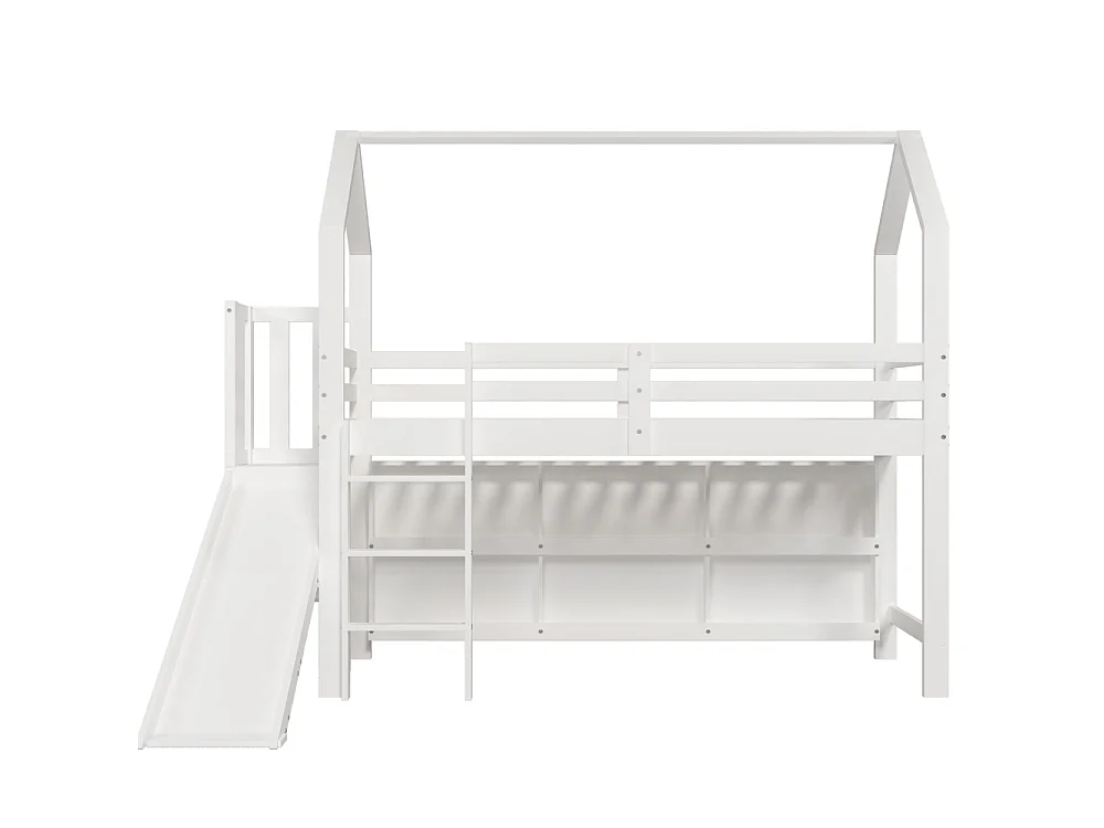 Kinderbed 90x200 cm met glijbaan, trap, opbergruimte, planken, ladekast en witte massief houten basis