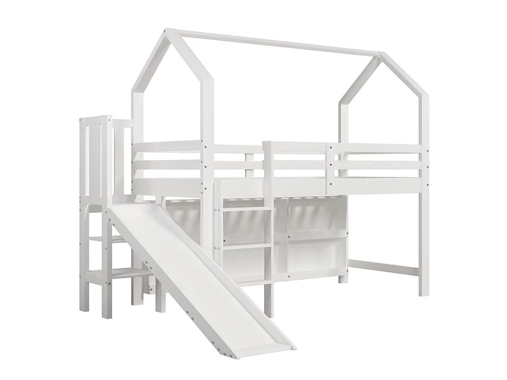 Kinderbed 90x200 cm met glijbaan, trap, opbergruimte, planken, ladekast en witte massief houten basis