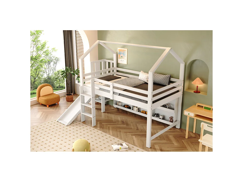 Kinderbed 90x200 cm met glijbaan, trap, opbergruimte, planken, ladekast en witte massief houten basis
