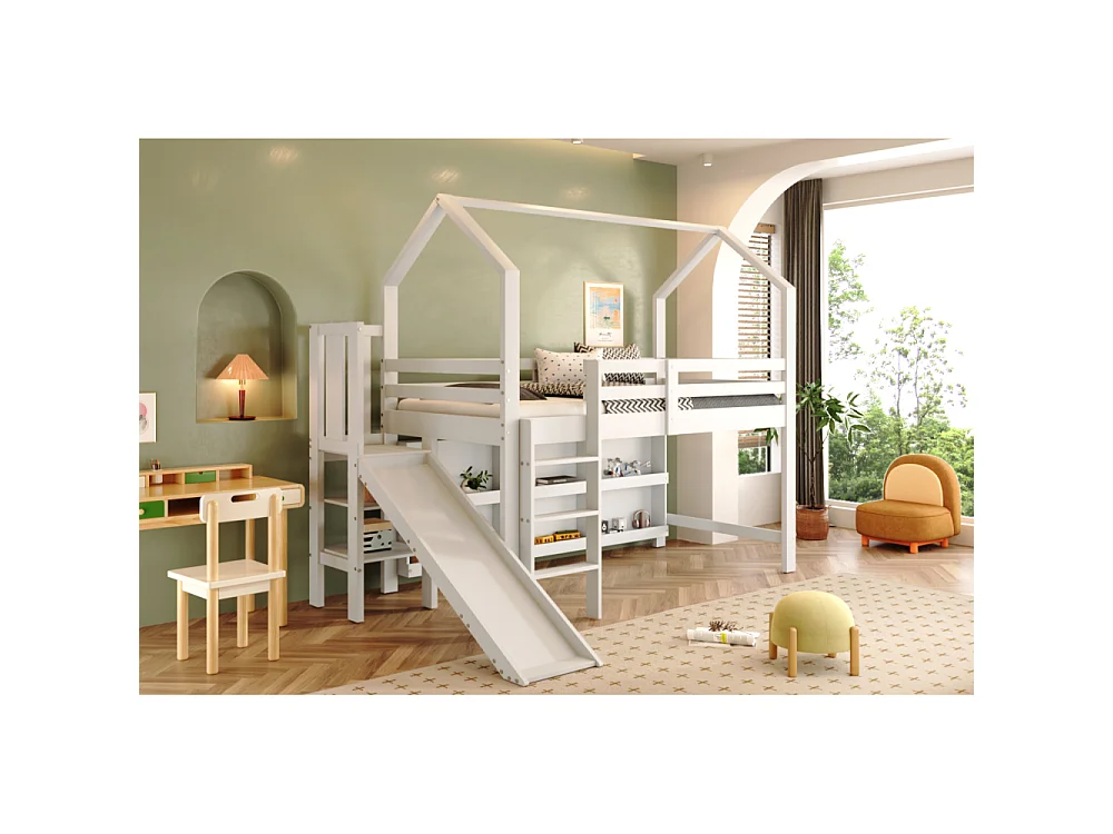 Kinderbed 90x200 cm met glijbaan, trap, opbergruimte, planken, ladekast en witte massief houten basis