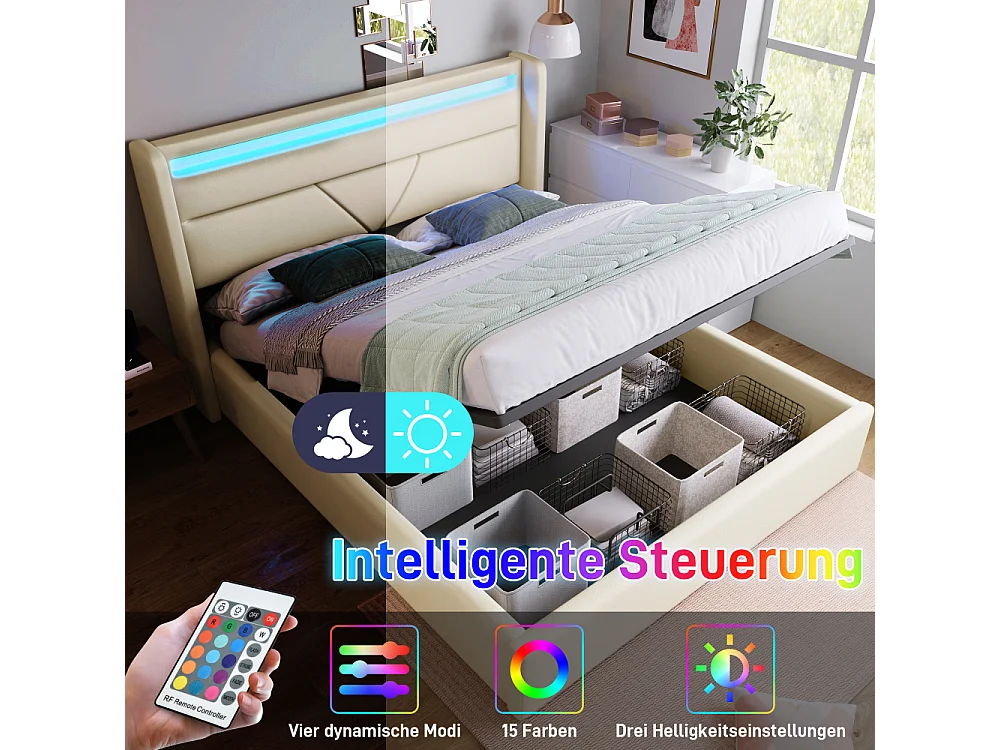 Cama de almacenaje hidráulica LED tapizada PU doble cama funcional con mando a distancia almacenaje