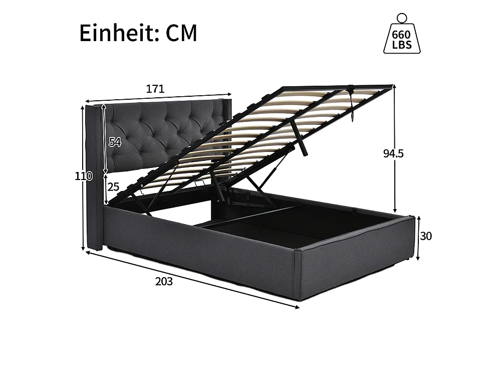 Lit double hydraulique 160x200 cm coffre rangement matelas 720 ressorts cadre métal coton OEKO design moderne