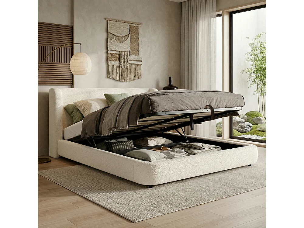 Lit rembourré hydraulique 180×200 cm bouclé beige lit double avec rangement et sommier à lattes