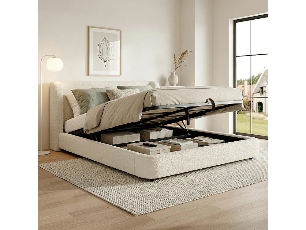 Lit rembourré hydraulique 180×200 cm bouclé beige lit double avec rangement et sommier à lattes