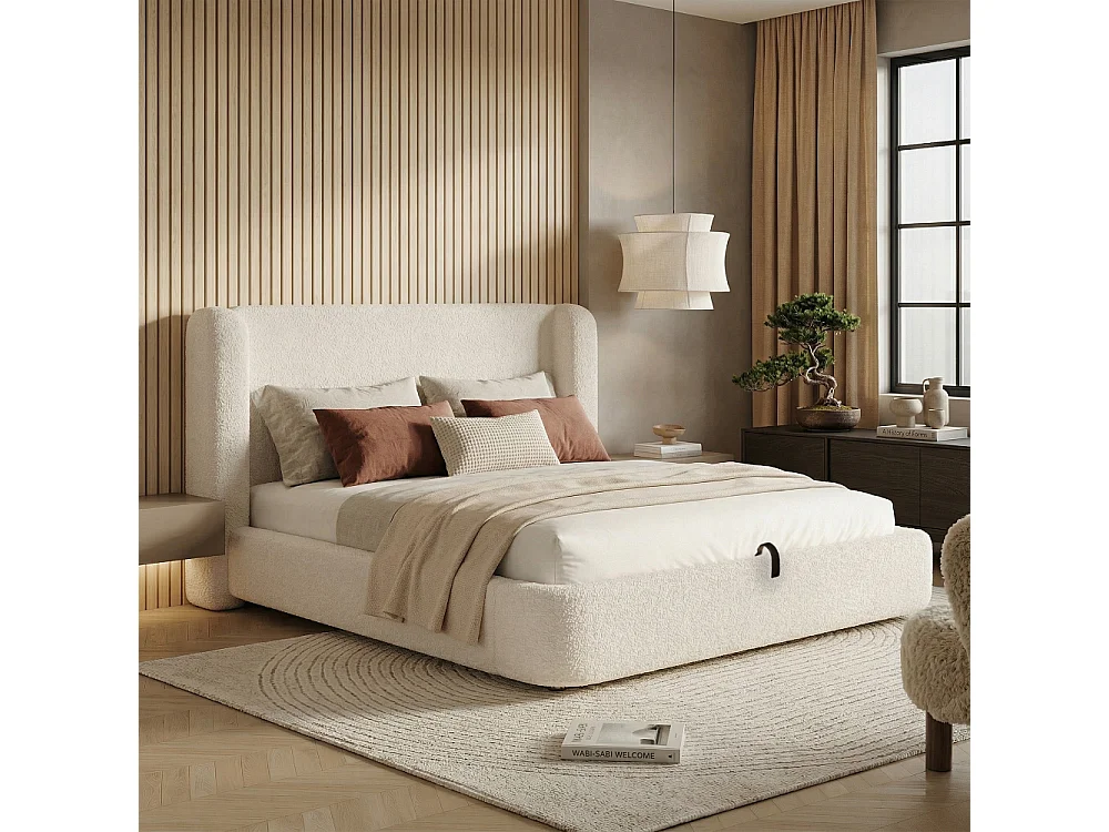 Lit rembourré hydraulique 180×200 cm bouclé beige lit double avec rangement et sommier à lattes