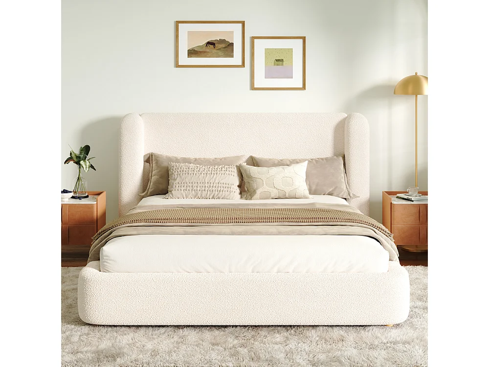 Lit rembourré hydraulique 180×200 cm bouclé beige lit double avec rangement et sommier à lattes