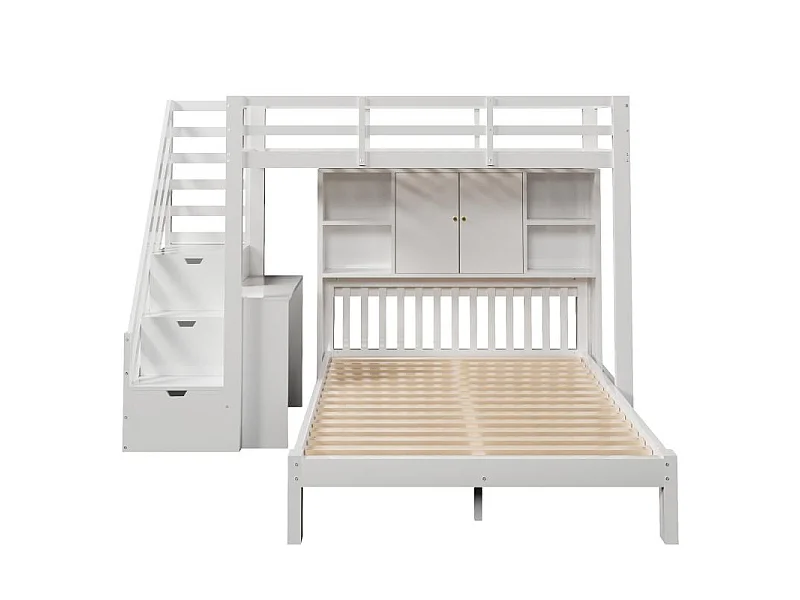 Litera infantil 90×200 + 140×200 cm madera MDF blanca escalera de almacenaje multifuncional ahorro de espacio