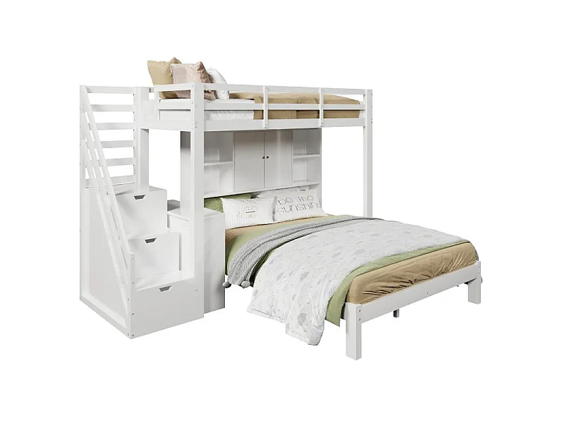 Litera infantil 90×200 + 140×200 cm madera MDF blanca escalera de almacenaje multifuncional ahorro de espacio