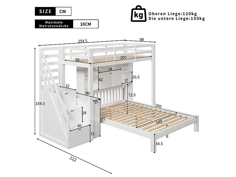 Litera infantil 90×200 + 140×200 cm madera MDF blanca escalera de almacenaje multifuncional ahorro de espacio