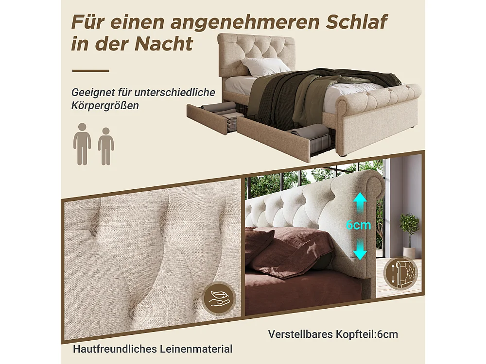 Lit simple 90x200 coffre 2 tiroirs, matelas 406 ressorts, tête réglable Chesterfield lin naturel