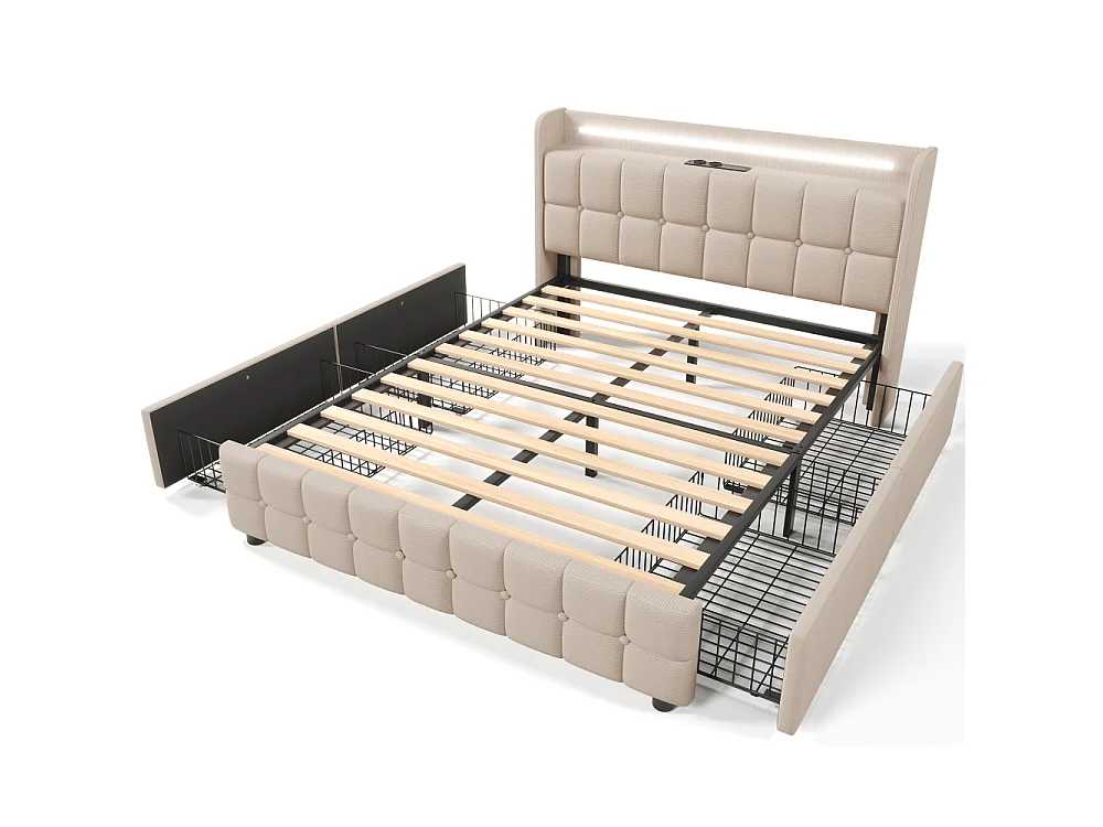Tweepersoonsbed 160x200 cm beige met matras 720 veren, USB, LED en 4 lades – intelligent high-end comfort